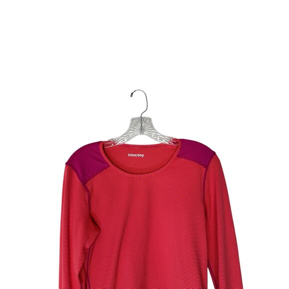 Saucony Pink Purple Striped Long Sleeve Cuffins Workout Running Shirt - Picture 2 of 15